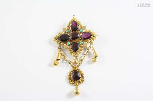 AN ANTIQUE GARNET, TURQUOISE AND GOLD BROOCH PENDANT the qua...