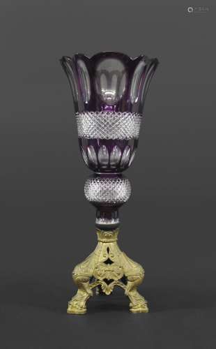 LARGE BOHEMIAN PURPLE GLASS VASE & METAL STAND an unusually ...