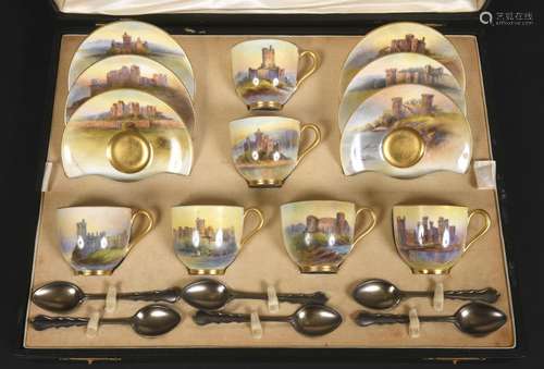 CASED ROYAL WORCESTER COFFEE SET BY RUSHTON - CASTLES an unu...