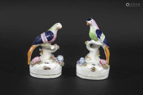 PAIR OF 19THC STAFFORDSHIRE INK POTS - BIRD a pair of polych...