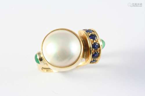 A MABE PEARL, EMERALD AND SAPPHIRE RING the mabe pearl is se...