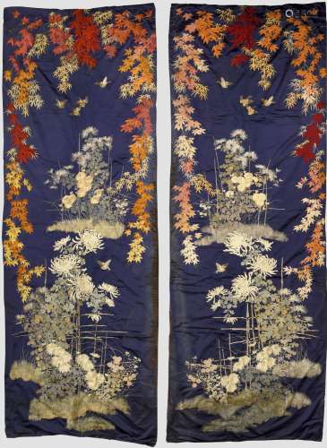 PAIR OF LARGE JAPANESE SILK WALL HANGINGS late 19thc, two ve...