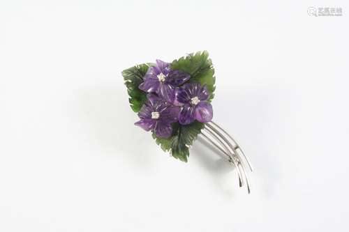 AN AMETHYST, DIAMOND AND NEPHRITE FOLIATE BROOCH formed with...