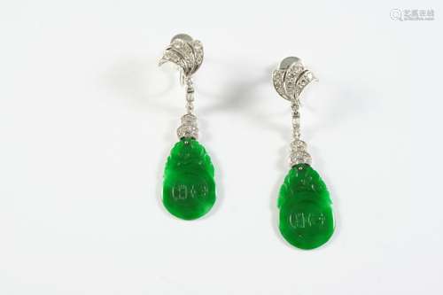 A PAIR OF JADE AND DIAMOND DROP EARRINGS each earring formed...