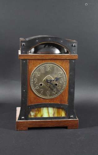 ARTS & CRAFTS GERMAN MANTLE CLOCK an oak and metal clock wit...