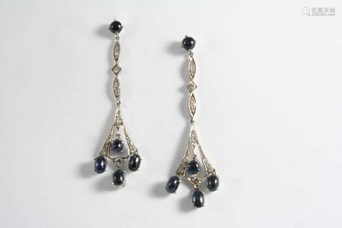 A PAIR OF SAPPHIRE AND DIAMOND DROP EARRINGS each set with c...