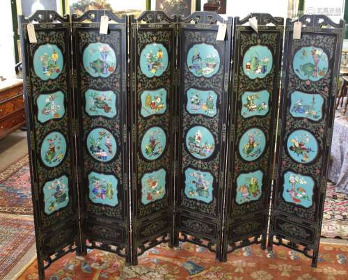 LARGE CHINESE LACQUERED & CLOISONNE SCREEN, a large 20thc si...