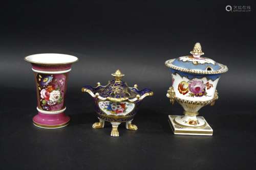 19THC SPODE POT POURRI & COVER painted with two panels of fl...