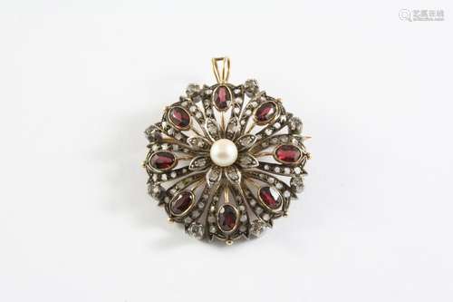 A VICTORIAN GARNET AND DIAMOND BROOCH PENDANT the flowerhead...