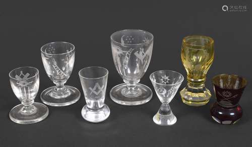 MASONIC GLASS GOBLETS seven various 19thc and 20thc toasting...