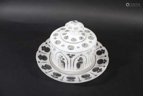 BOHEMIAN GLASS BUTTER DISH & STAND a white overlaid glass st...