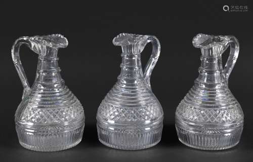 SET OF 3 EARLY 19THC CUT GLASS DECANTER JUGS possibly by Wat...