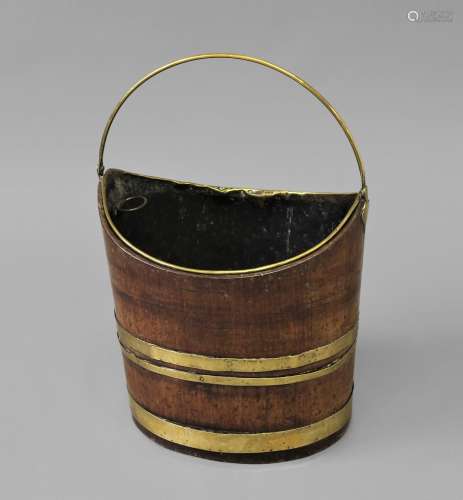 A GEORGE III MAHOGANY BRASS-BOUND BUCKET, with a brass liner...