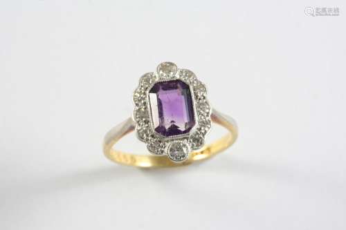 AN AMETHYST AND DIAMOND CLUSTER RING the cut cornered rectan...