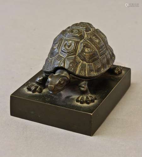 AN EARLY VICTORIAN BRONZE INK WELL IN THE FORM OF A TORTOISE...