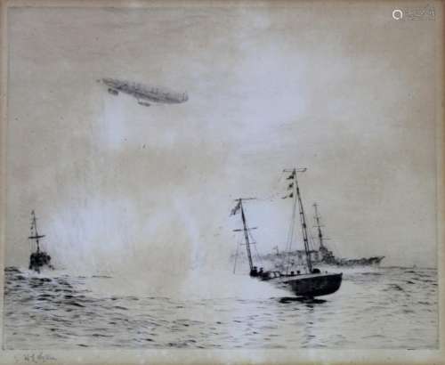 WILLIAM LIONEL WYLLIE, RA (1851-1931) AIRSHIP AND FAST NAVAL...