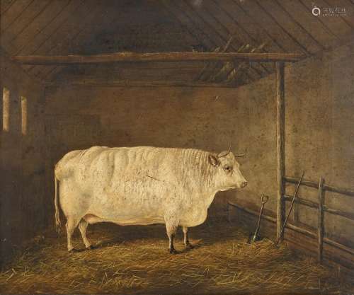 WILLIAM LUKER (1828-1905) A SHORTHORN COW IN A BYRE Signed a...
