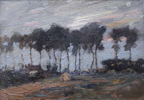 MARK SENIOR (1864-1927) A LINE OF POPLARS BY A FARMHOUSE Ind...