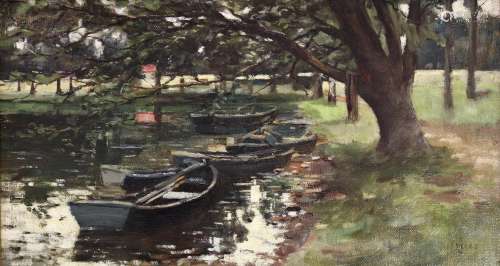 SCOTTISH SCHOOL, 1888 BOATS MOORED AT THE WATER'S EDGE Signe...