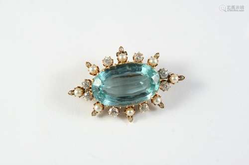 AN AQUAMARINE, DIAMOND AND PEARL BROOCH the oval-shaped aqua...