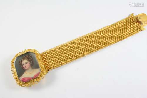 A REGENCY GOLD BRACELET the clasp mounted with a portrait mi...