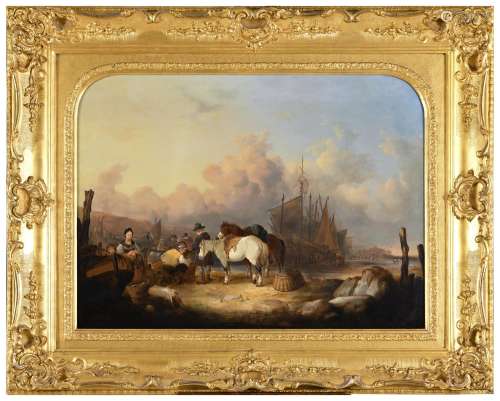 WILLIAM SHAYER (1788-1879) FISHERFOLK ON THE BEACH Oil on ca...