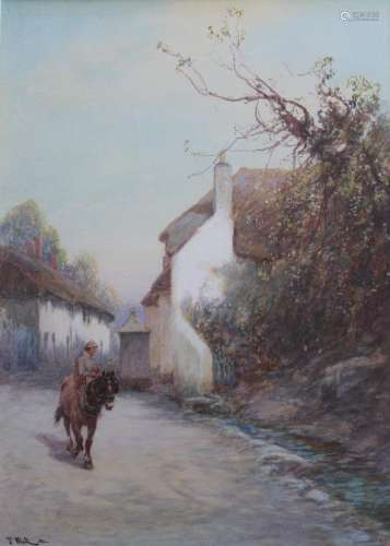 JOHN WHITE (1851-1933) FARMBOY ON A HORSE ON A VILLAGE LANE ...