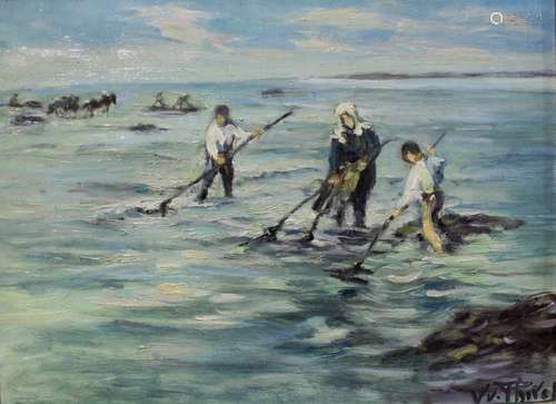 •YVONNE THIVET (1888-1972) GATHERING SHELLFISH Signed, oil o...