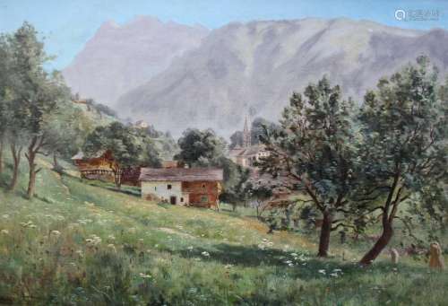 ARMAND GUERY (1850-1912) SALVAN, VILLAGE DU VALAIS, SUISSE S...