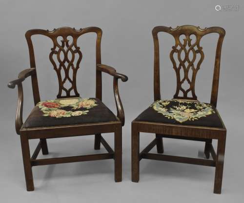 A SET OF SIX GEORGE III CHIPPENDALE STYLE DINING CHAIRS, fou...