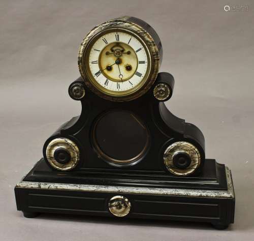 A LARGE VICTORIAN POLISHED SLATE AND MARBLE MANTEL CLOCK, wi...