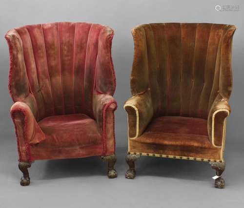 A PAIR OF GEORGE III STYLE BARREL-BACKED UPHOLSTERED ARMCHAI...