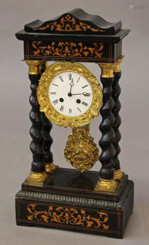 A 19TH CENTURY FRENCH 'PORTICO' CLOCK, the white enamelled d...