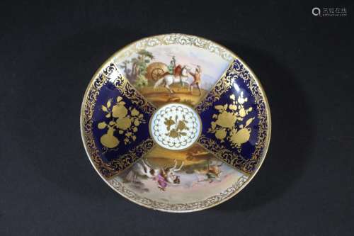 19THC MEISSEN SAUCER painted with opposing panels including ...