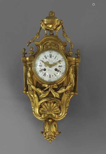 A NEOCLASSICAL STYLE ORMOLU WALL CLOCK, with a 12 cm enamell...