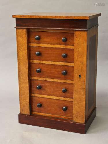 A VICTORIAN MINIATURE MAPLE AND MAHOGANY WELLINGTON CHEST, w...