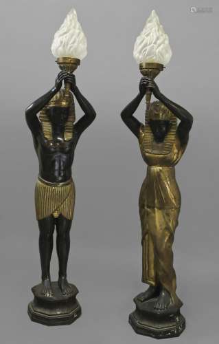 A PAIR OF REGENCY STYLE EGYPTIAN REVIVAL LAMPS, each patinat...