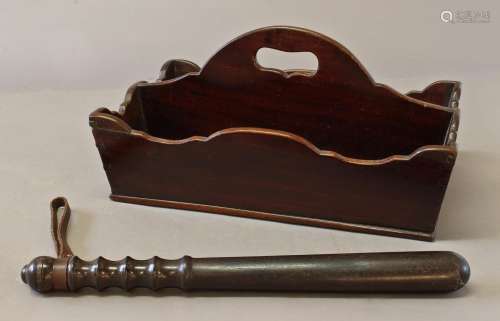 A VICTORIAN MAHOGANY CUTLERY BOX AND OTHER ITEMS. the knife ...