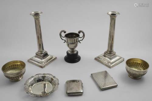 A MIXED LOT:- A pair of George III candlesticks on bevelled ...
