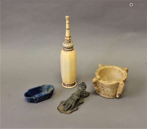 AN INDIAN IVORY FLASK, STONE MORTAR AND OTHER ITEMS. An Indi...