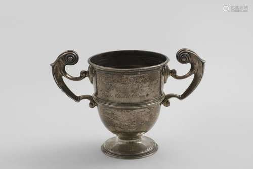 A LATE VICTORIAN SMALL TWO-HANDLED TROPHY CUP inscribed 