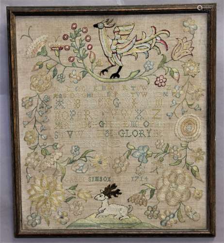 A GEORGE I EMBROIDERED NEEDLEWORK SAMPLER BY GRACE SIMPSON, ...