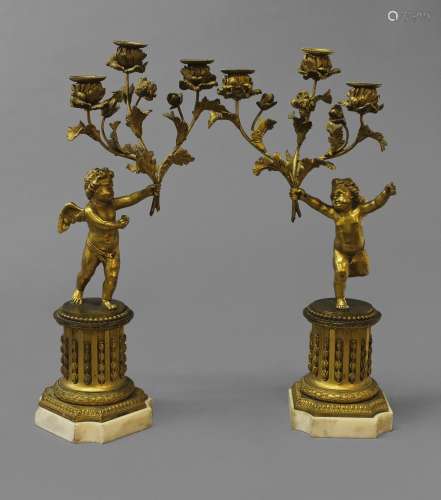 A PAIR OF LOUIS XV STYLE THREE BRANCH CANDELABRA, each with ...
