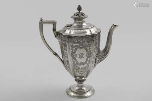 A VICTORIAN ENGRAVED COFFEE POT in the form of a vase on a c...