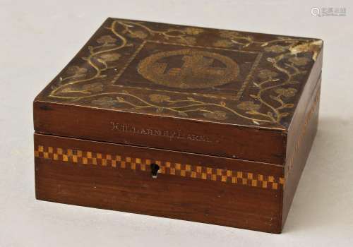 AN IRISH KILLARNEY MARQUETRY BOX, the square box with a hing...