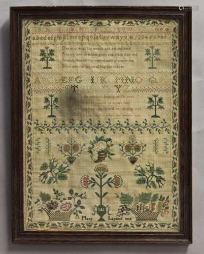 A GEORGE III NEEDLEWORK SAMPLER, worked with alphabets, flow...