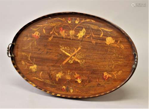 AN EDWARDIAN INLAID TEA TRAY, with a chequered raised border...