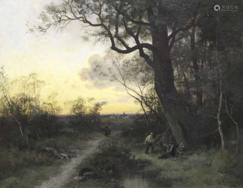 C** ROUSSEAU (Fl.c.1897) COLLECTING BRUSHWOOD AT DUSK Signed...