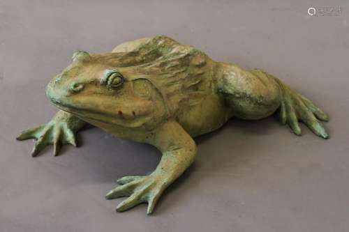 A GARDEN SCULPTURE OF A BRONZE FROG, with head raised, 55cm ...