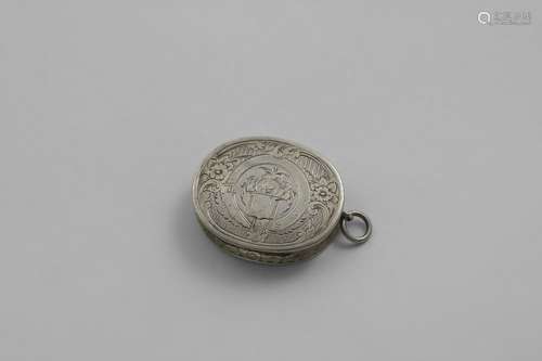 A VICTORIAN ENGRAVED OVAL VINAIGRETTE vacant cartouche, gilt...